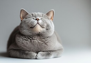 Adorable gray cat with plush fur resting peacefully against a light background, showcasing its cute facial expression and relaxed demeanor