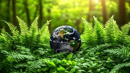 Crystal-clear earth sitting on ferns in a sun-drenched forest. Represents global environmental awareness, Earth Day, and the urgent need for ecological protection and conservation efforts.