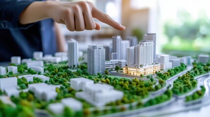 Architectural model of city with buildings and greenery, showcasing urban planning and design. hand points to specific structure, emphasizing detail and creativity
