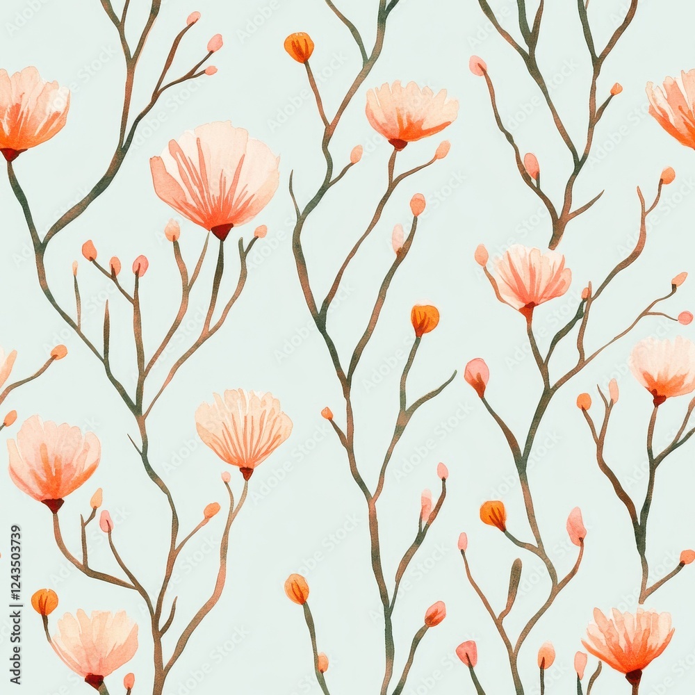 Aufkleber Delicate watercolor doodle of flowers and branches creating a calm and inviting atmosphere in a soft color palette