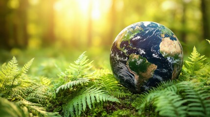 Bright crystal globe nestled on ferns under a canopy of sunlight in a green forest. Highlights the significance of Earth Day, conservation, and protecting the earth for future generations.