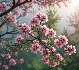 Obraz premium Tree branches with delicate pink flowers and silvery-green leaves, silvery-green leaves, flower details