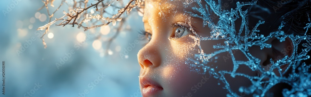 Poster close-up of a child's face illuminated by soft sunlight with icy branches framing the serene express