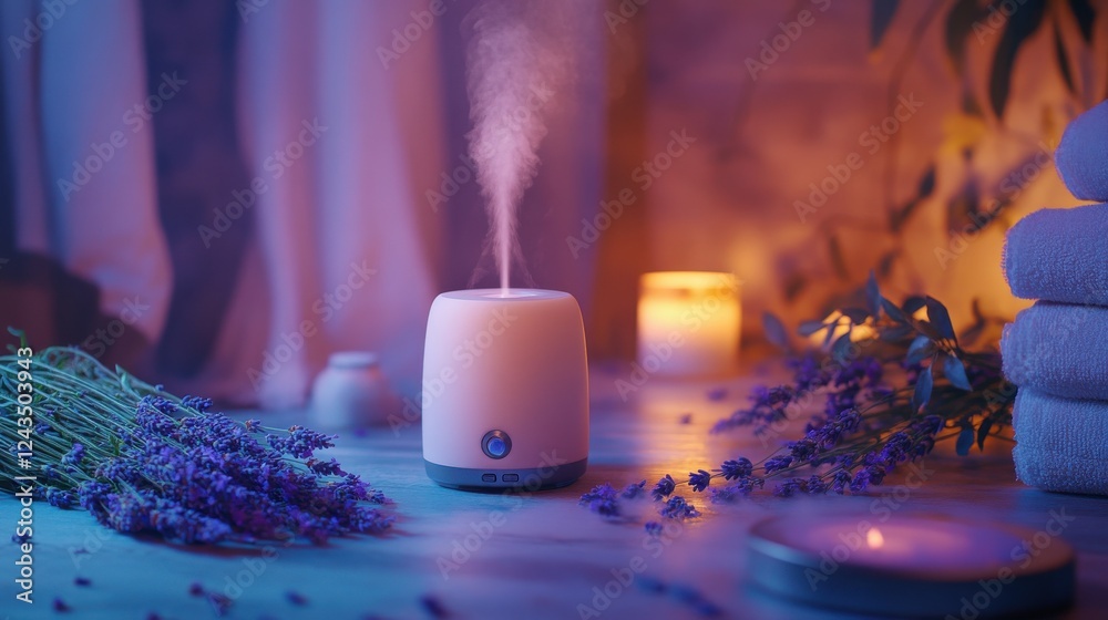 Poster Relaxation unfolds in a calming spa setting with a diffuser releasing soothing aromas in gentle light