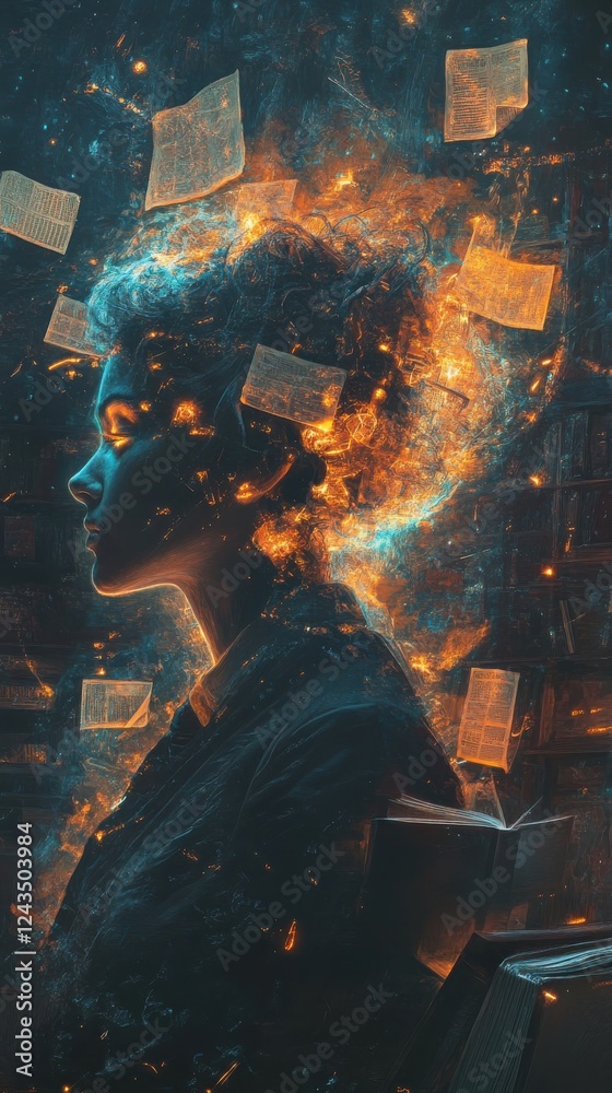 Poster Serene visualization of a glowing historian immersed in knowledge surrounded by floating books
