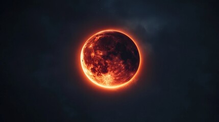 Obraz premium Glowing red moon during a total lunar eclipse, also known as a blood moon, surrounded by a dark night sky with stars and nebulae, creating a dramatic and mysterious atmosphere
