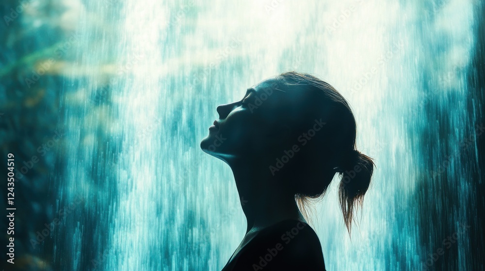 Poster serene portrait of a woman glowing with tranquility behind a cascading waterfall in nature during go