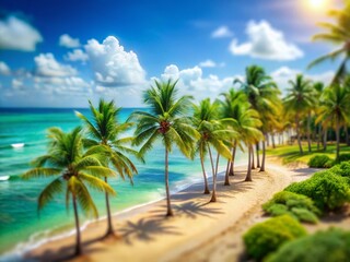 Fototapeta premium Idyllic Sunny Beach Scene: Palm Trees, Blue Sky, Tilt-Shift Miniature Effect