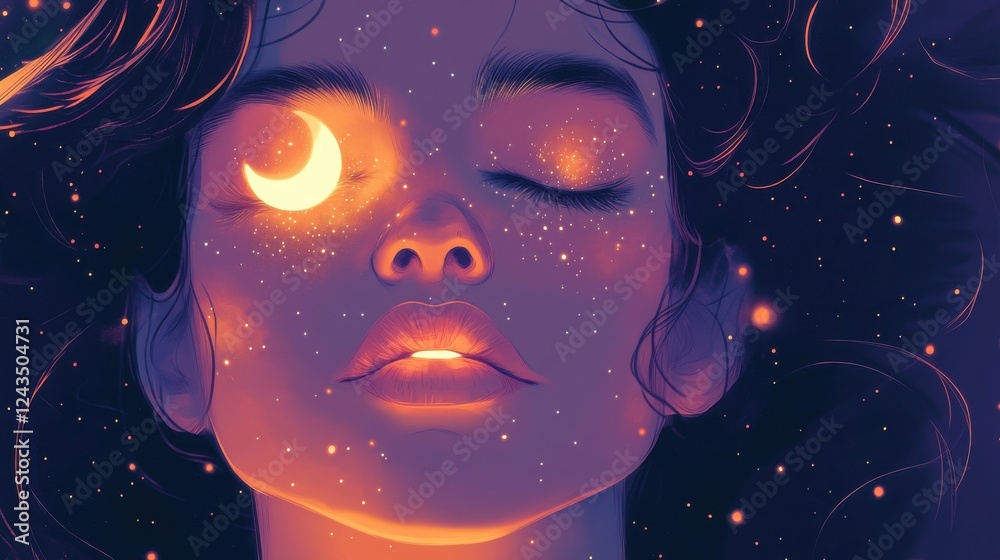 Aufkleber serenity captured in the expression of a woman with cosmic elements reflecting in her features