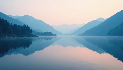 Foggy lake with a subtle reflection of the surrounding hills, landscape, serene, peaceful
