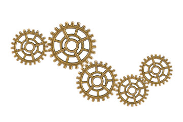 Gear and cogs wheels isolated on a white background, clock mechanism, brass metal engine industrial.