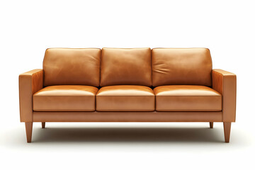 Photorealistic image of a sleek, three-seater leather sofa with wooden legs in light brown tones against an isolated white background
