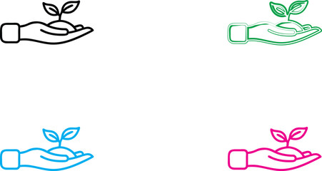 Hand holding plant, simple line drawing, minimalist icon, growth concept, sustainability symbol, environmental care, four color variations, black green blue pink, flat design, vector graphic style, nu