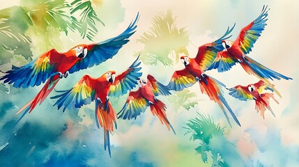 Fototapeta premium Scarlet Macaws in Flight Amidst Tropical Foliage