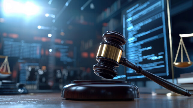 futuristic digital gavel rests on wooden base, symbolizing justice in tech driven world. background features glowing screens and scales