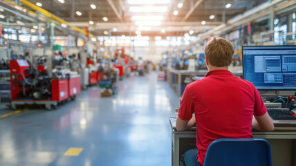 Industrial programmer analyzing production data in factory setting