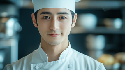 A confident young asian chef smiles in a modern kitchen, showcasing culinary passion and professionalism