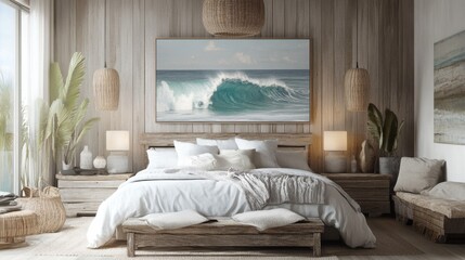 Rustic bedroom with driftwood accents and ocean wave artwork in serene coastal retreat
