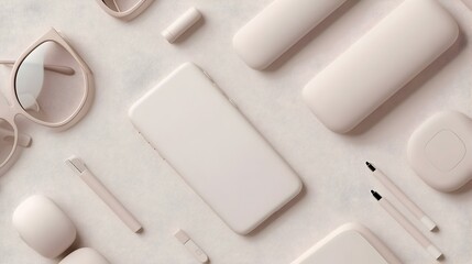 Minimalistic flat lay composition of modern accessories on surface