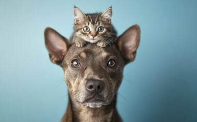Adorable kitten perched on a loyal dog's head against a simple blue background, showcasing the unique bond between two beloved pets in a heartwarming moment