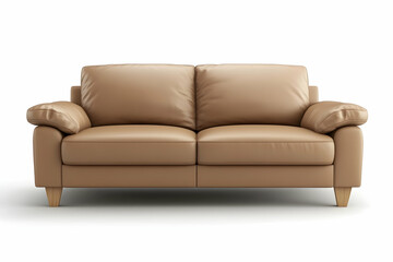 Photorealistic image of a sleek, three-seater leather sofa with wooden legs in light brown tones against an isolated white background
