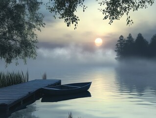 Serene sunrise over misty lake with a boat tranquil nature landscape morning calm peaceful viewpoint