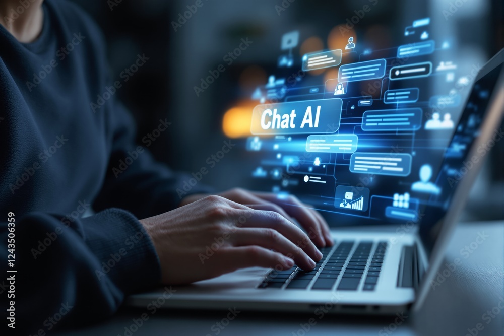 Poster Hands typing on a laptop with glowing Chat AI interface on dark background.