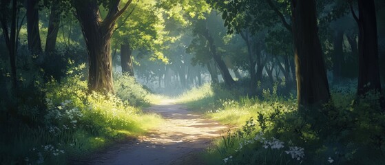Fototapeta premium Serene forest path enchanted woods nature scene tranquil environment idyllic viewpoint escape into nature