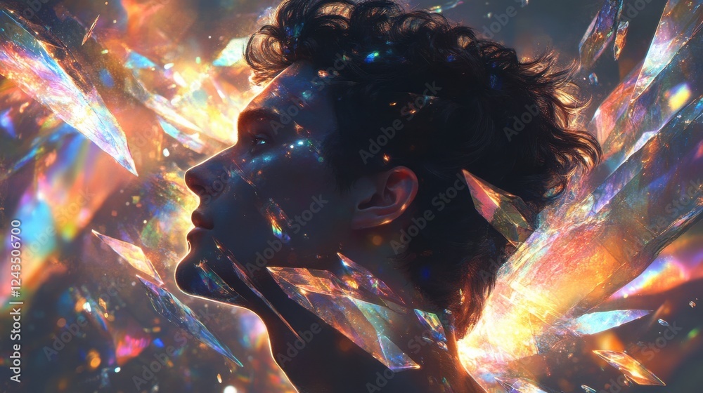 Poster Mystical profile of a man surrounded by sparkling crystals and vibrant colors in a dreamlike atmosphere