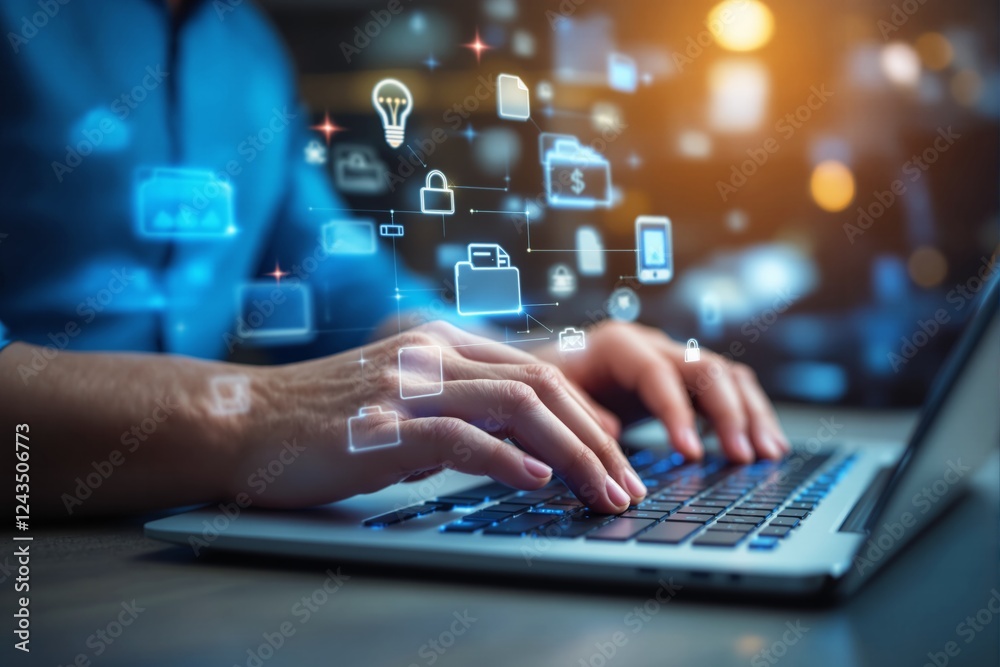 Aufkleber Hands typing on a laptop with glowing digital icons hovering, representing technology and data management.
