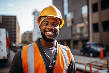 Fototapeta premium Smiling portrait of a young male African American construction worker