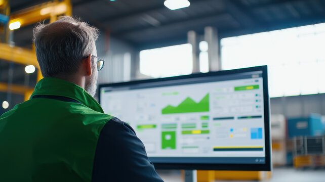 Efficient procurement officer analyzing data on large screen in warehouse