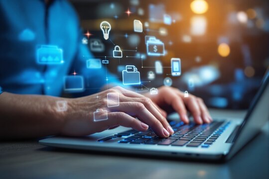 Hands typing on a laptop with glowing digital icons hovering, representing technology and data management.