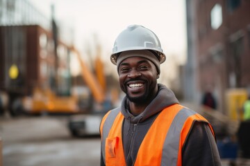 Fototapeta premium Smiling portrait of a young male African American construction worker