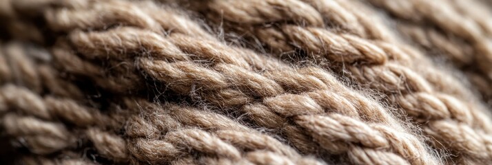 Fototapeta premium Close-up of knitted wool fibers showing twisted yarn texture in brown tones
