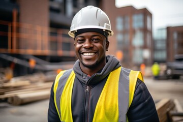 Smiling portrait of a young male African American construction worker