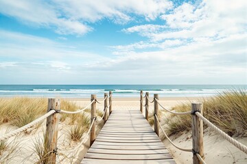 Wooden boardwalk leading to a serene beach with waves and a bright sky.
