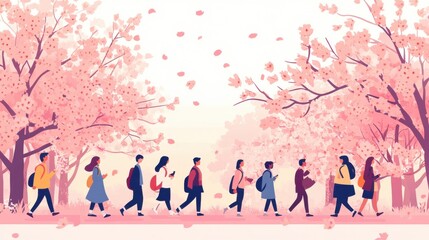 Walking meditation in a peaceful spring setting with blooming cherry blossoms and participants in mindful reflection