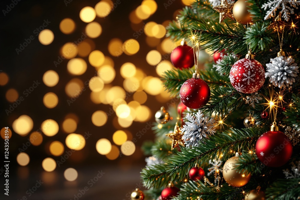 Poster christmas tree with red and gold ornaments on sparkling bokeh lights background.