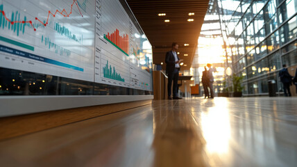 Business professionals discussing data in modern office with graphs