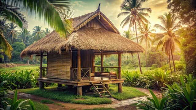 Traditional Southeast Asian style nipa hut in a sepia-toned environment with lush greenery and wooden accents, wooden details, sepia tone