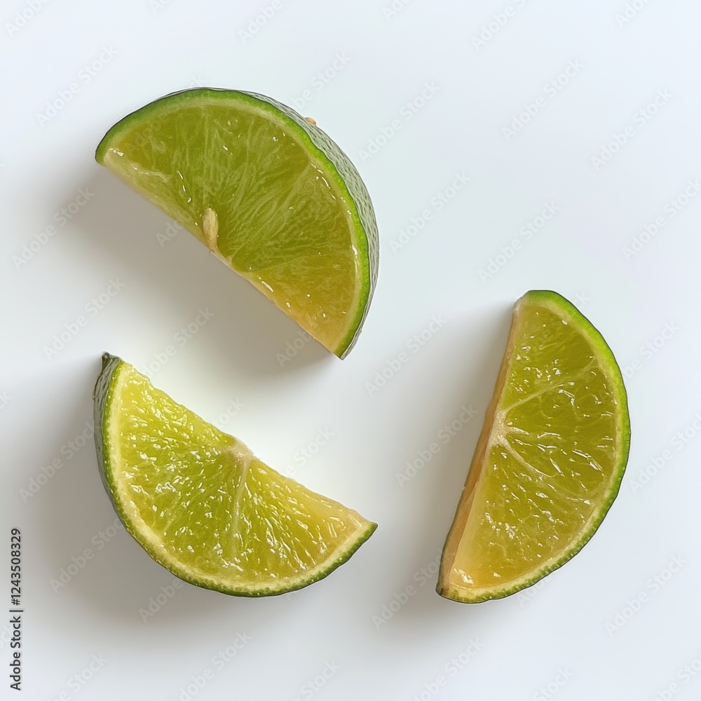 Poster fresh green lime quarters arranged artistically on a white background to enhance color vibrancy and 
