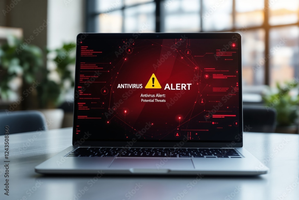 Poster laptop screen showing antivirus alert with warning symbol in modern office background.