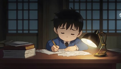 Young Boy Studying at Night: A child writing diligently at a desk under the warm glow of a lamp, surrounded by books in a quiet room.