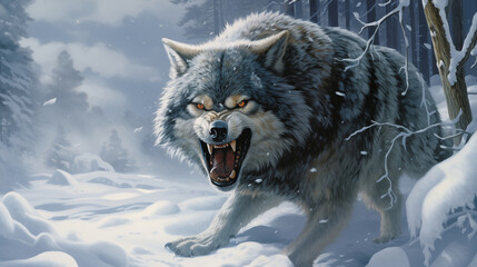 Majestic Gray Wolf Growling on Icy Terrain Realistic Winter Scene Wallpaper