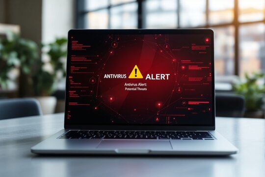 Laptop screen showing antivirus alert with warning symbol in modern office background.