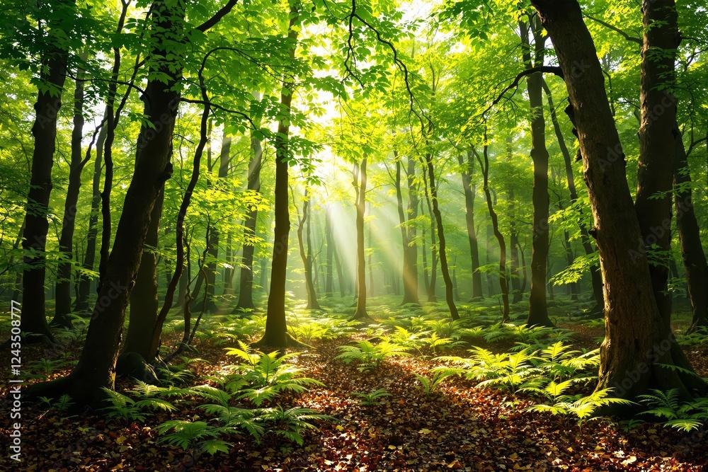 Poster beautiful forest scene with sunlight streaming through the lush green canopy.