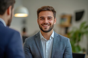 Naklejka premium Two men in suits engaging in a friendly conversation with smiles in a professional setting