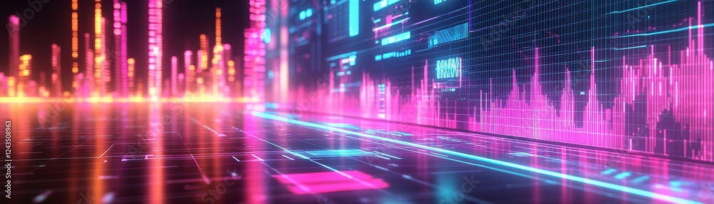 Poster a vibrant digital landscape showcasing colorful data visualizations and pulsating graphs against a d