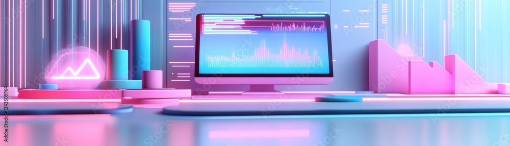 Poster a modern workspace featuring a computer with colorful data visualizations, surrounded by vibrant geo
